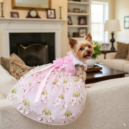 Dog wearing a pink floral dress sitting on a couch in a living room.