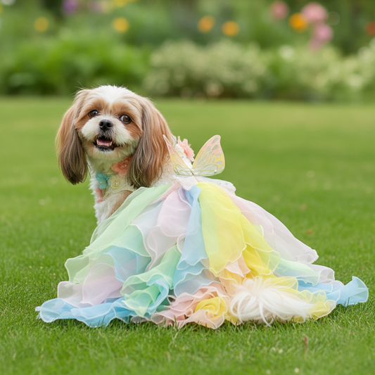 Dog in a colorful dress with fairy wings sitting on grass