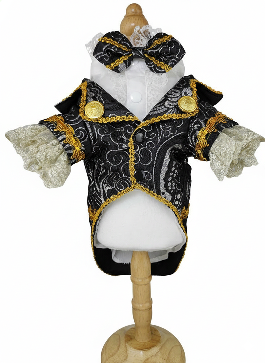 Dog outfit resembling a formal black suit with gold accents on a mannequin.