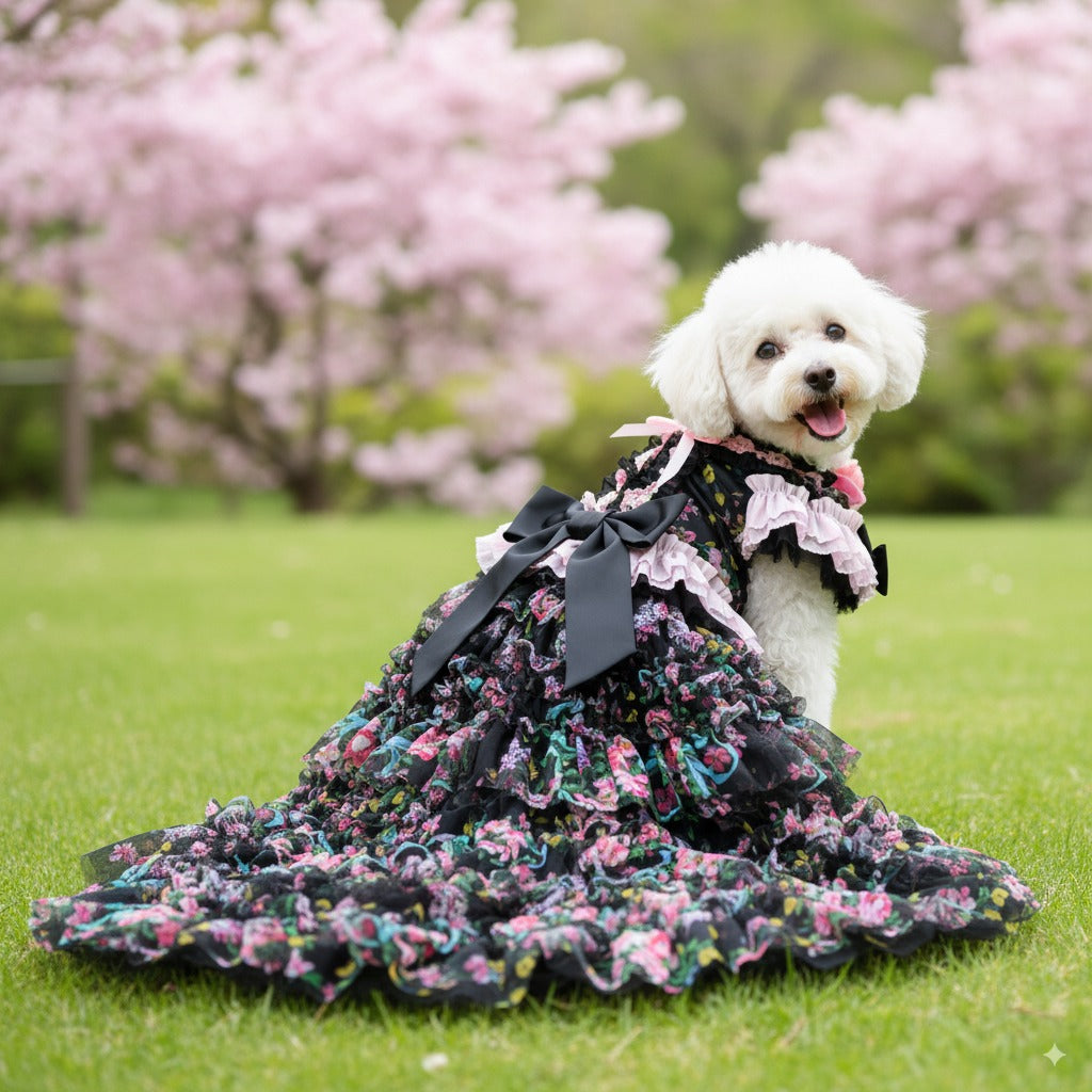 Dog in a floral dress sitting on grass with cherry blossom trees in the background
