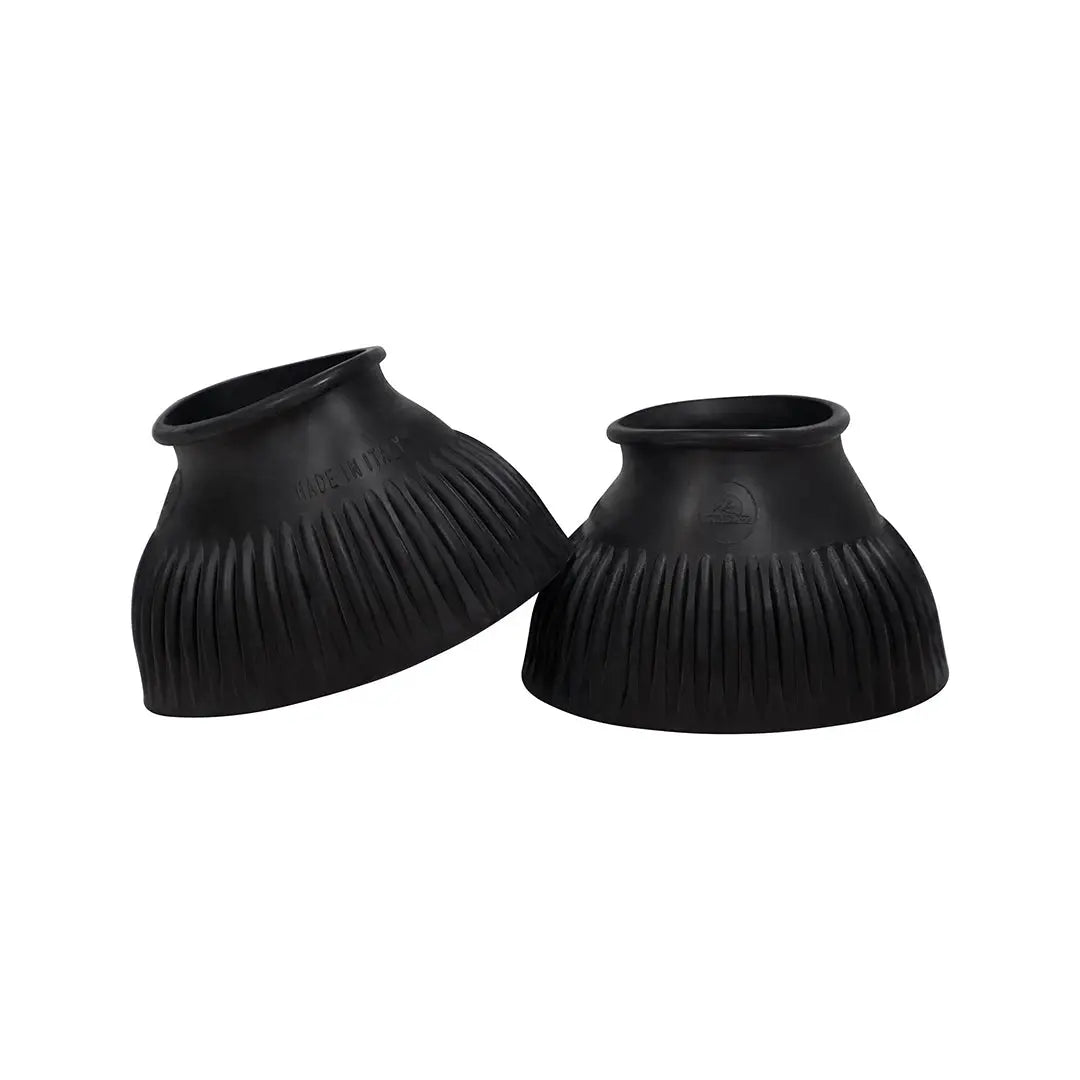 Two black rubber boot covers on a white background