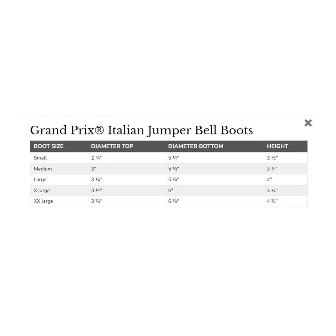 Table displaying dimensions of Grand Prix Italian Jumper Bell Boots with boot size, top diameter, bottom diameter, and height.