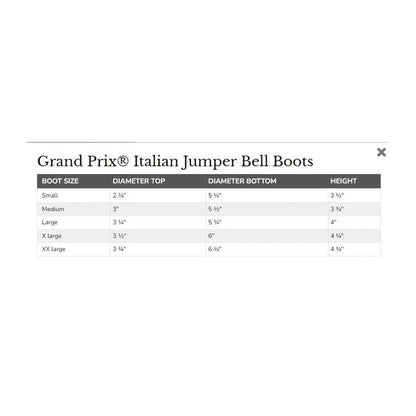 Table displaying dimensions of Grand Prix Italian Jumper Bell Boots with boot size, top diameter, bottom diameter, and height.
