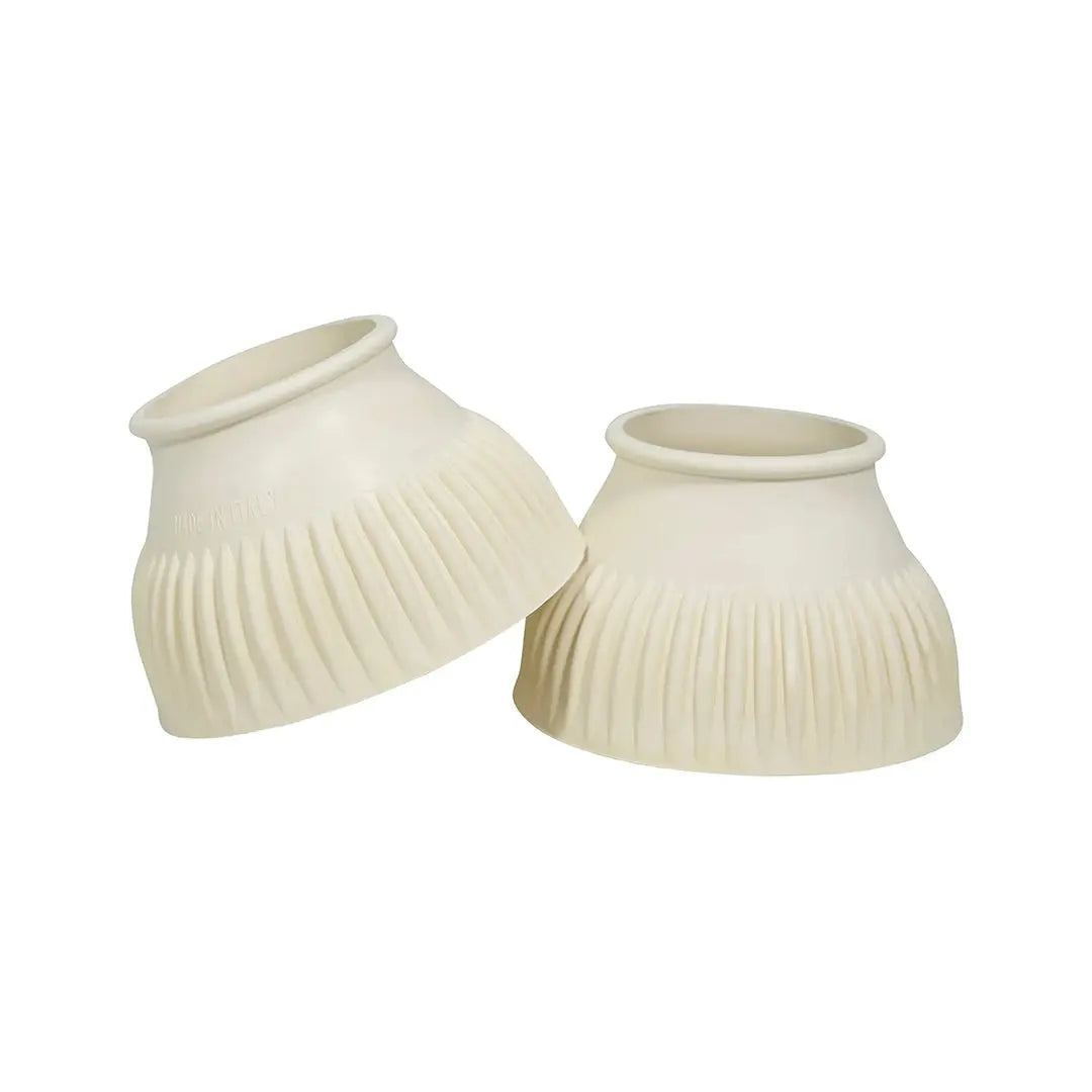 Two ribbed ceramic lampshades on a white background