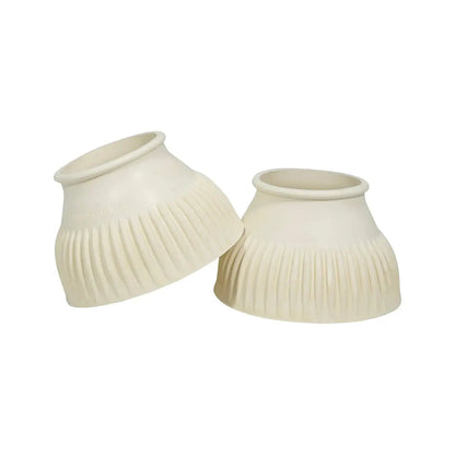 Two ribbed ceramic lampshades on a white background