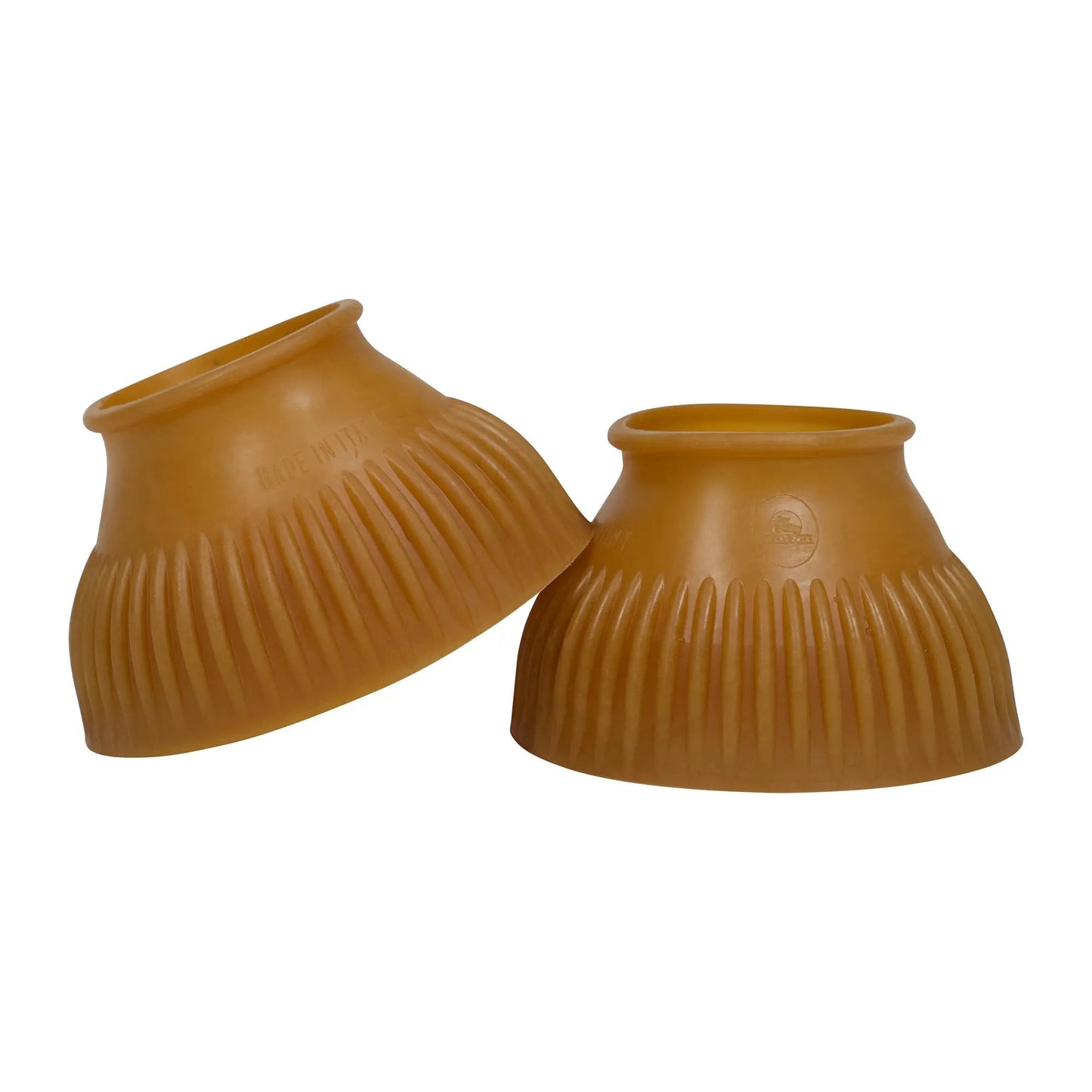 Two brown rubber boot covers on a white background