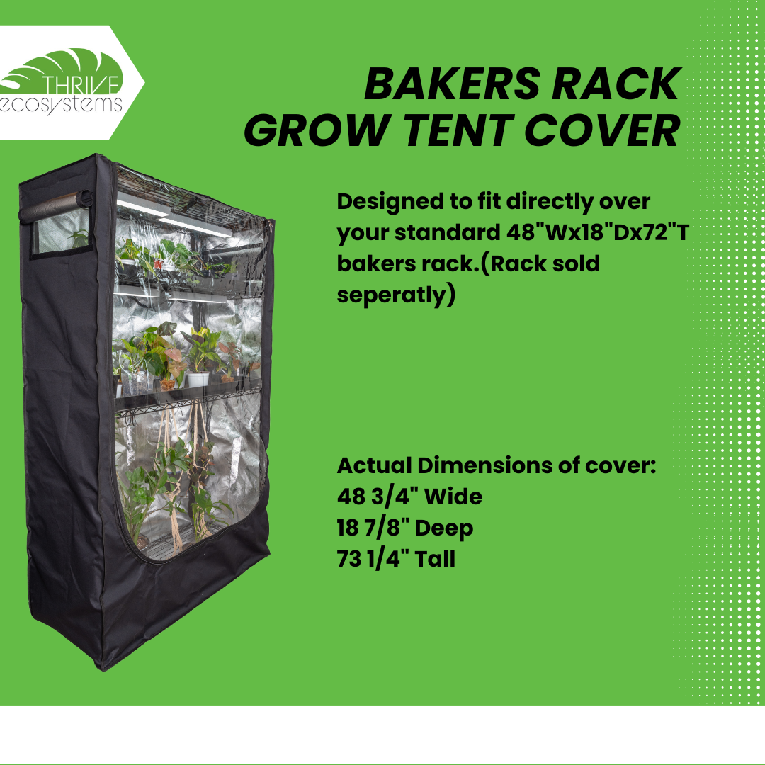 Grow tent cover for bakers rack with dimensions and branding on a green background