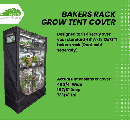 Grow tent cover for bakers rack with dimensions and branding on a green background