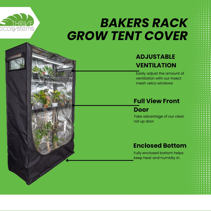 Bakers Rack Grow Tent Cover with features on a green background