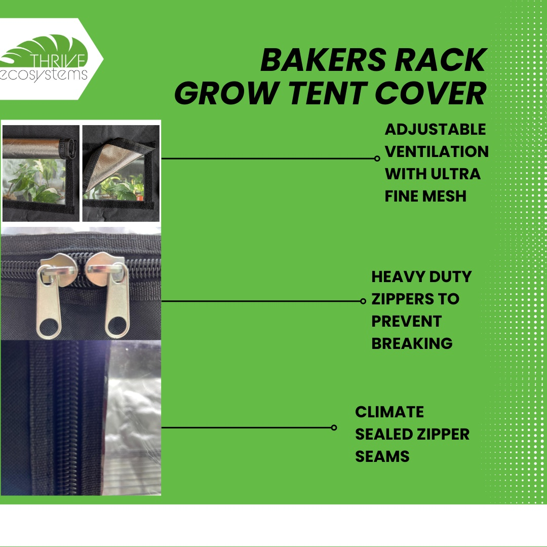 Bakers Rack Grow Tent Cover with features on a green background