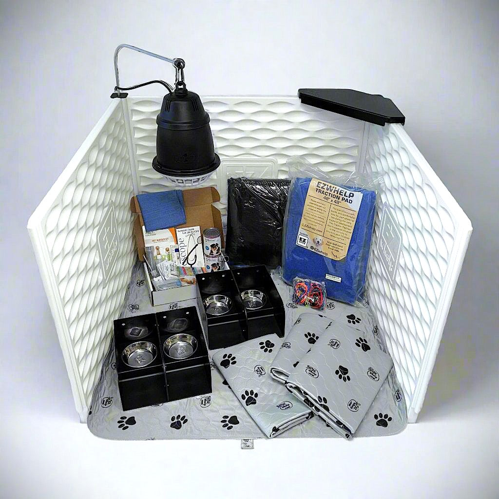 Pet supplies arranged inside a white hexagonal pet playpen on a light gray background