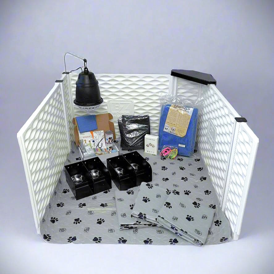 Pet playpen with various items including a lamp, books, and toys on a white background