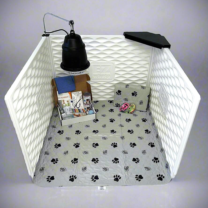 Pet playpen with paw print bedding, toys, and a lamp on a white background