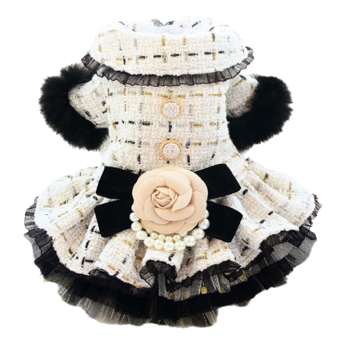 Decorative dog dress with black and white details, flower, and pearls on a white background