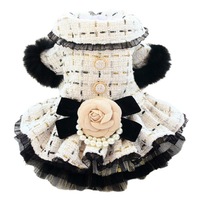 Decorative dog dress with black and white details, flower, and pearls on a white background