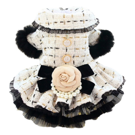 Decorative dog dress with black and white details, flower, and pearls on a white background
