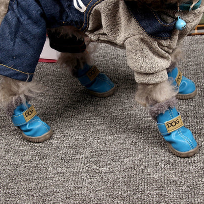 Dog wearing blue shoes with 'DOG' branding on a carpeted floor