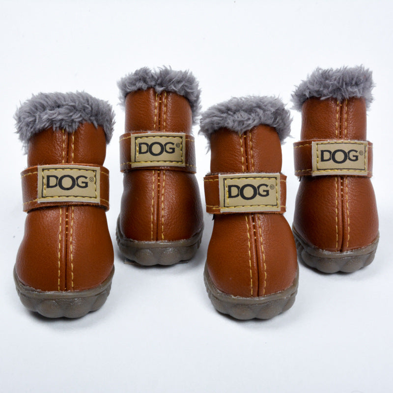Four brown dog boots with gray fur on top and 'DOG' label on a white background