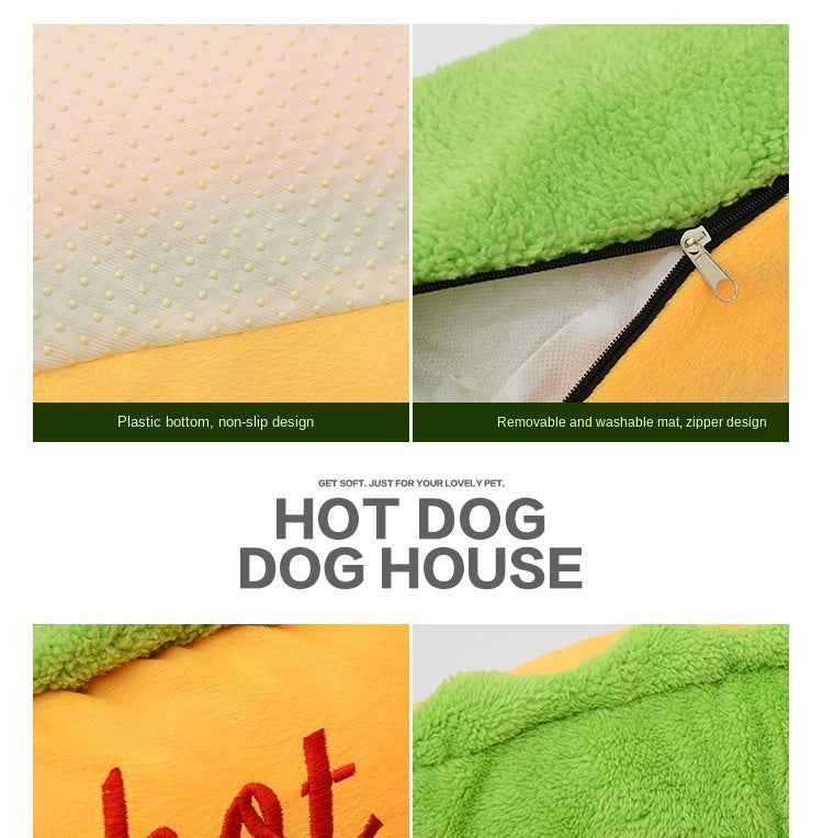 Collage of a hot dog-shaped dog house with text describing features.