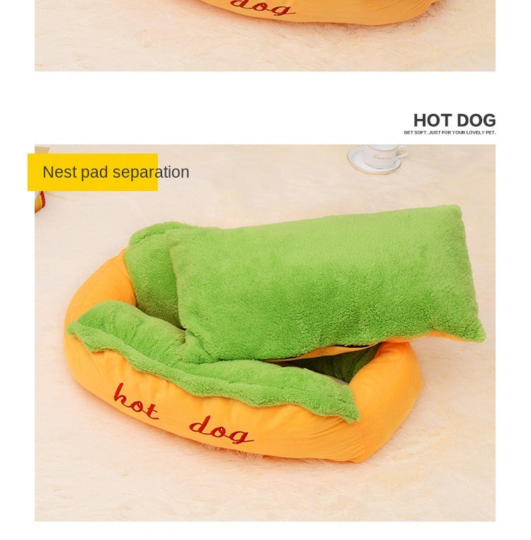 Dog bed shaped like a hot dog with a green blanket on top, labeled 'HOT DOG'.