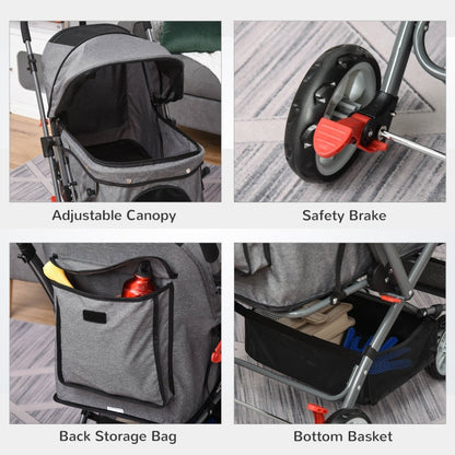 Collage of a stroller with features labeled: adjustable canopy, safety brake, back storage bag, and bottom basket.