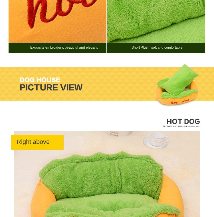 Green plush dog house with text describing features on a white background
