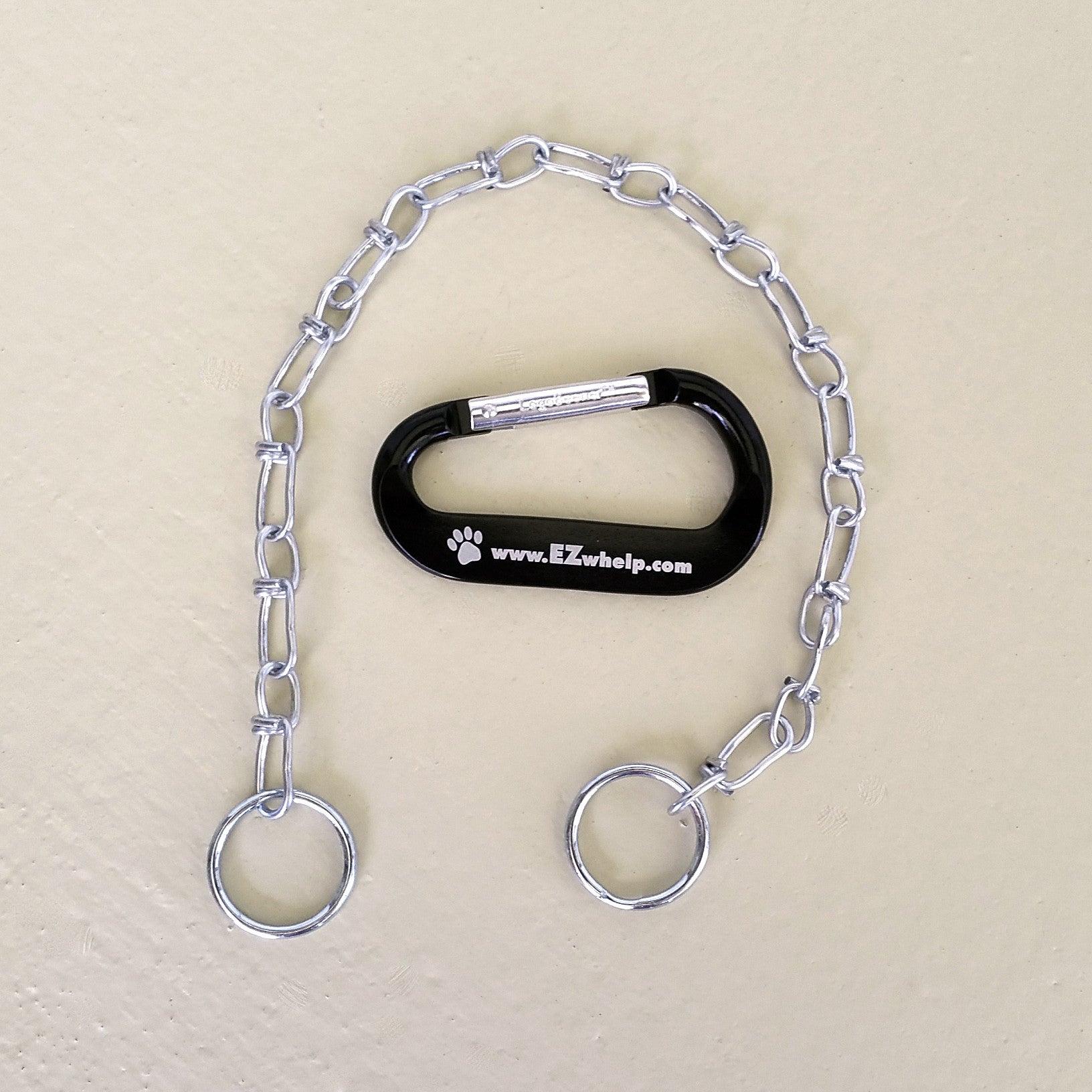 Dog training tool with chain and carabiner on a beige background