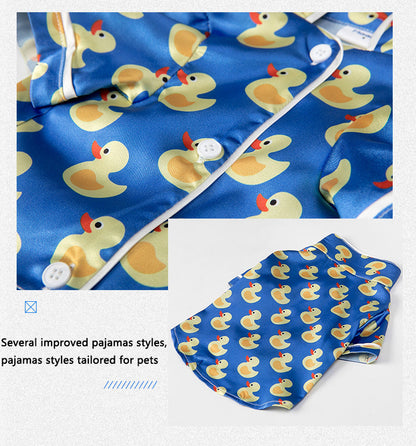 Pet pajamas with duck pattern on a blue background