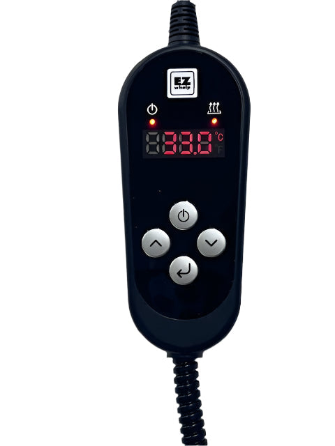 Black electronic device with digital display and control buttons on a white background