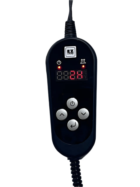 Black electronic device with digital display and control buttons on a white background