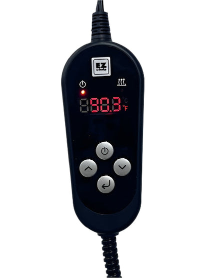 Black temperature controller with digital display on a white background