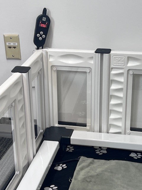 Pet gate with a digital clock on a white wall