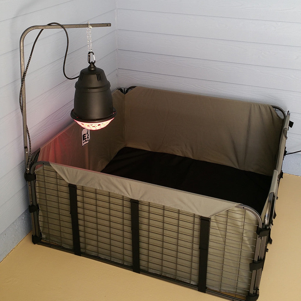Pet crate with a hanging lamp in a room with white walls and wooden floor.