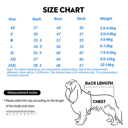 Dog size chart with measurements for back, bust, neck, and weight.