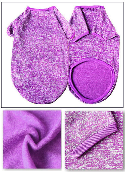 Purple pet sweater with close-up details on a white background