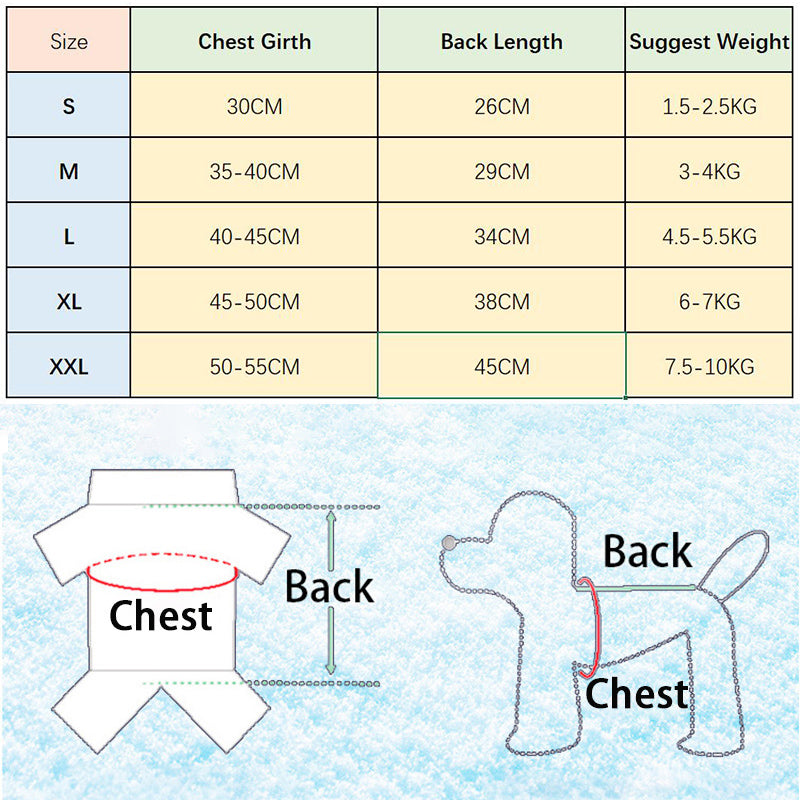Size chart for dog coats with measurements and weight suggestions on a blue textured background.