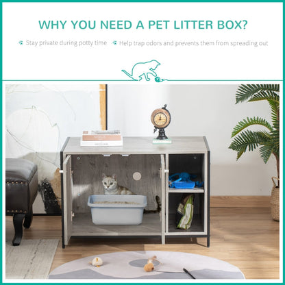 Pet litter box inside a cabinet with a cat inside, on a wooden floor with a plant and clock in the background.