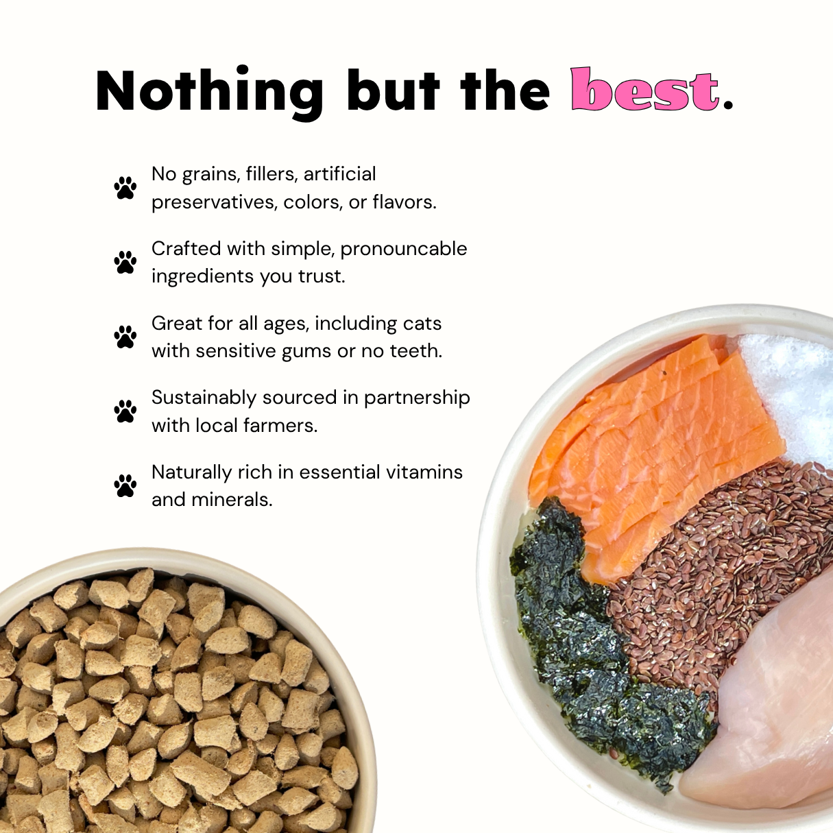 Pet food packaging with text highlighting quality and ingredients, featuring a bowl of dry kibble and a bowl of wet food.