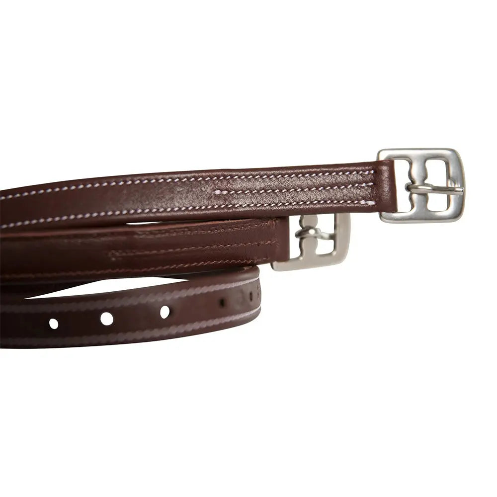 Brown leather belt with silver buckle on a white background