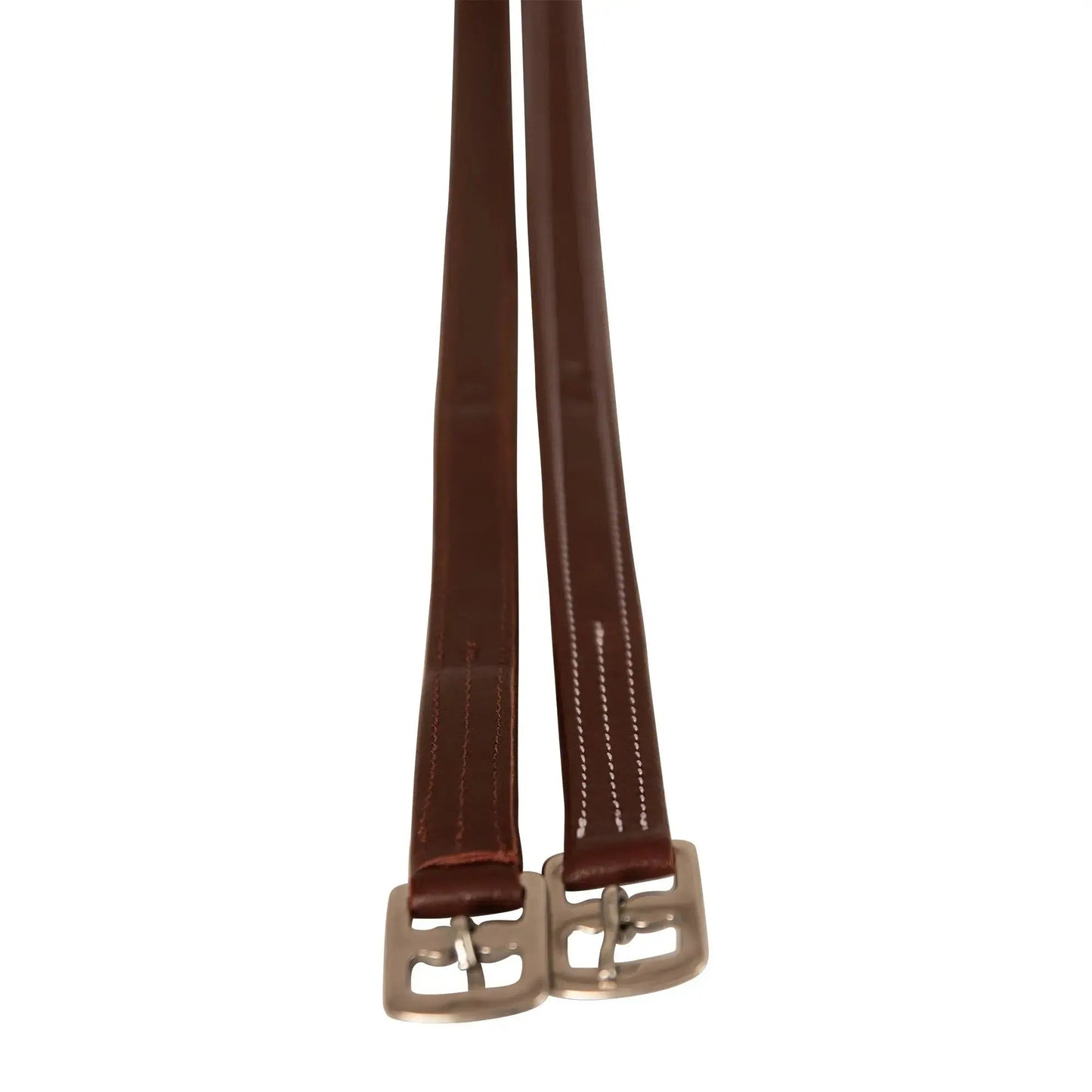 Pair of brown leather belts with silver buckles on a white background