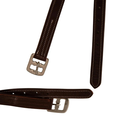 Brown leather belt with silver buckle on a white background