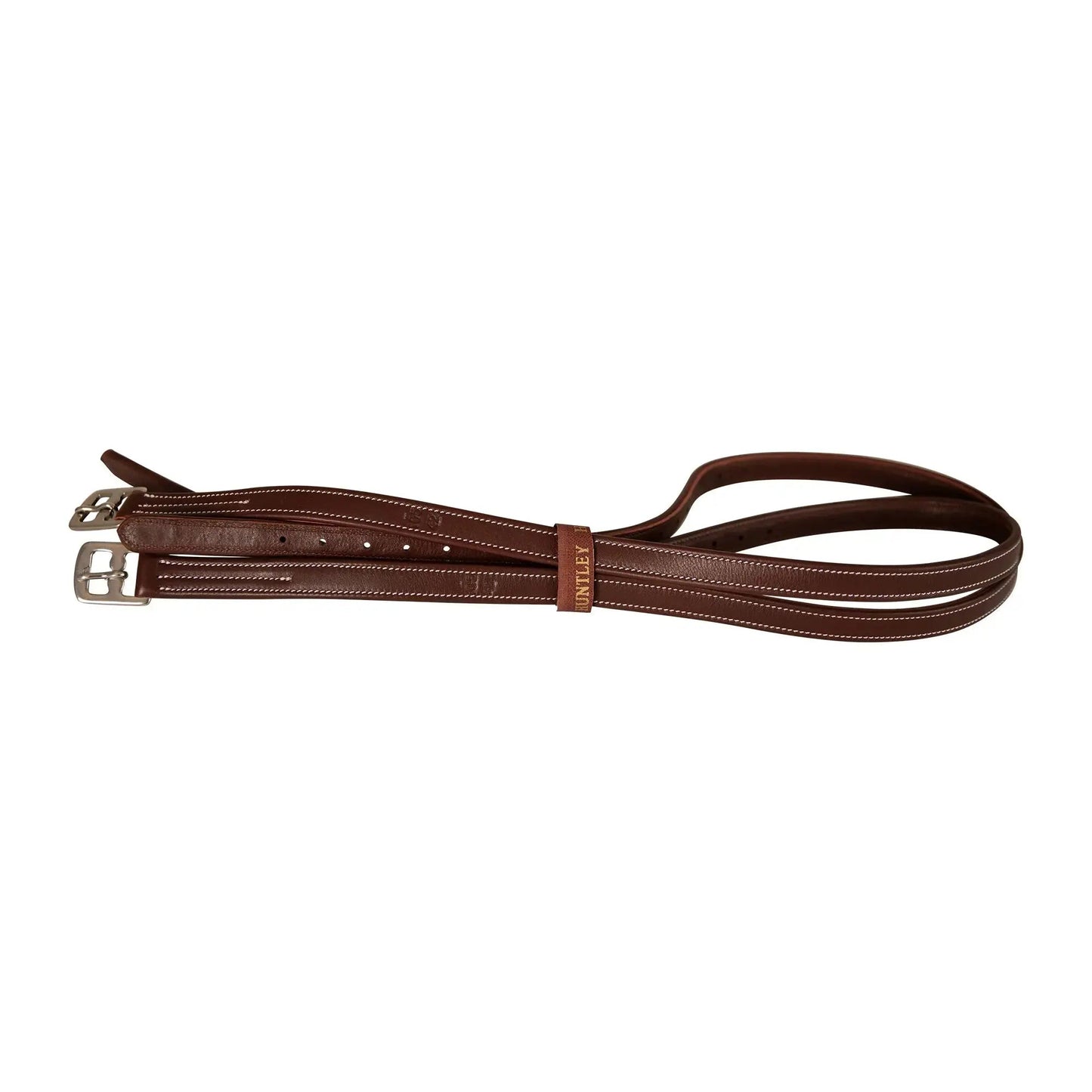 Brown leather girth strap with metal hardware on a white background
