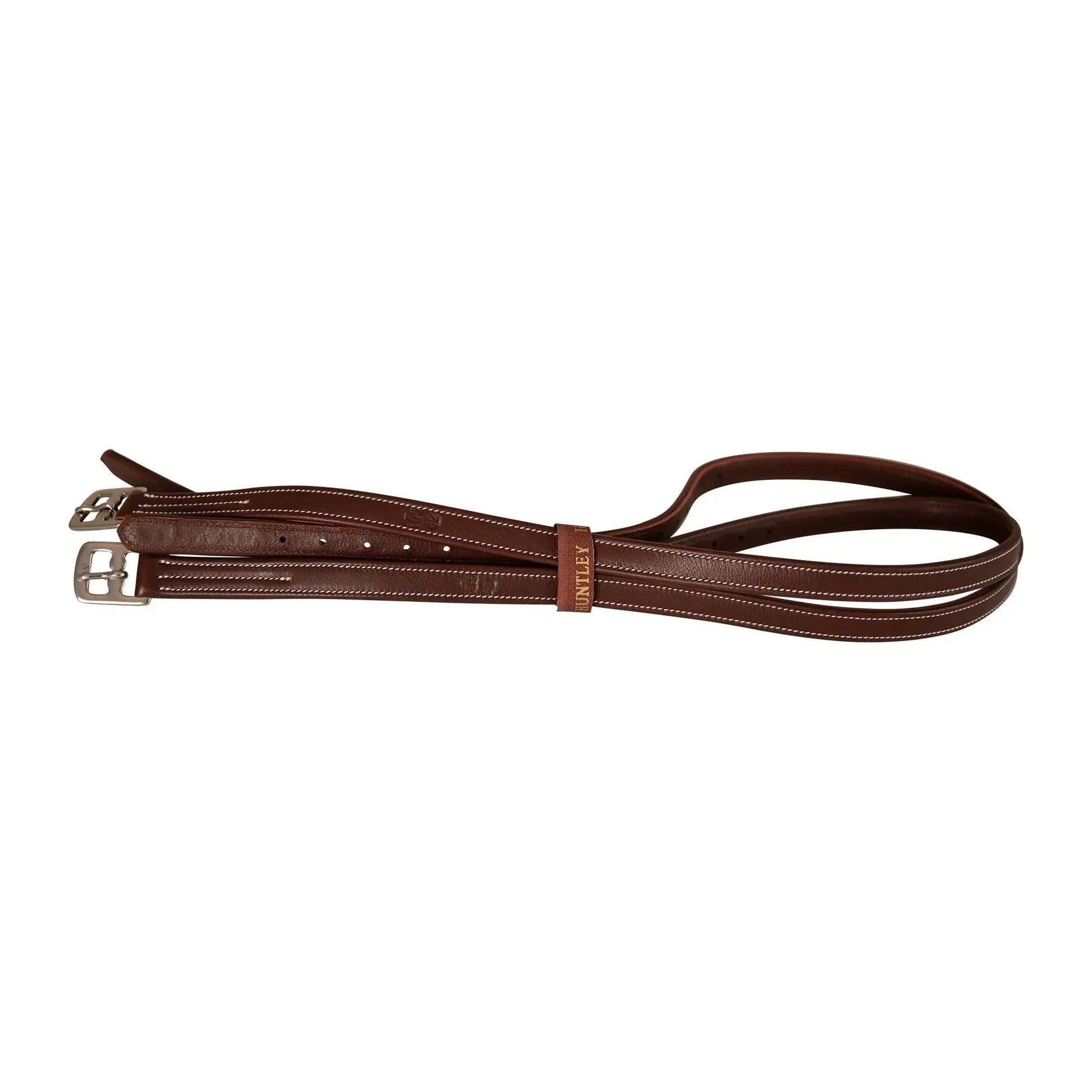 Brown leather girth strap with metal hardware on a white background