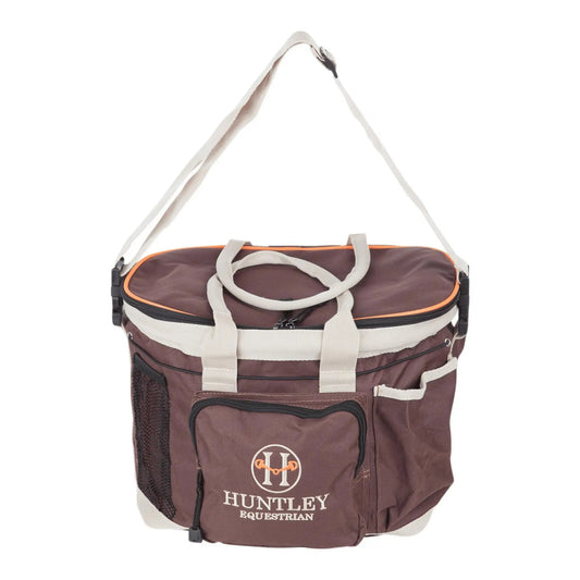 Brown equestrian bag with white accents and 'Huntley Equestrian' logo on a white background