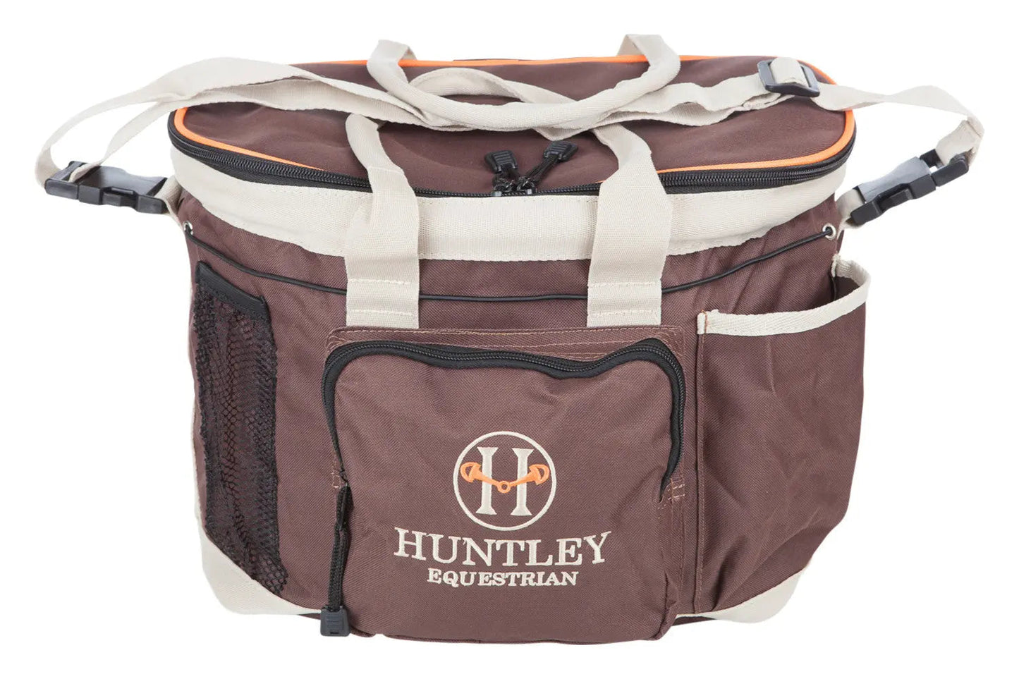 Brown equestrian bag with 'Huntley Equestrian' logo on a white background