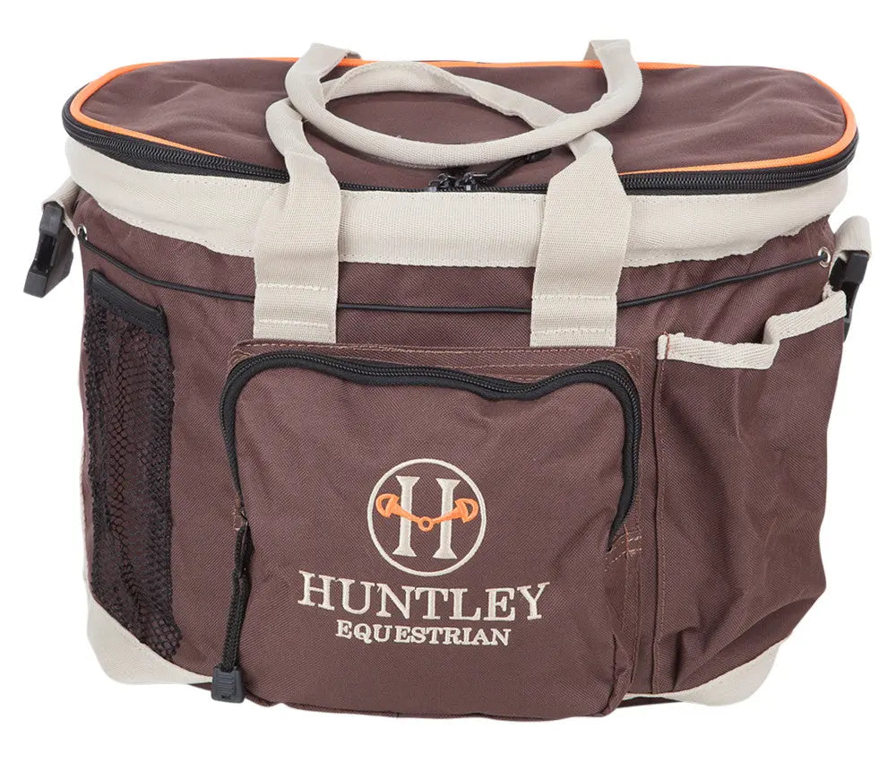 Brown equestrian bag with 'Huntley Equestrian' logo on a white background