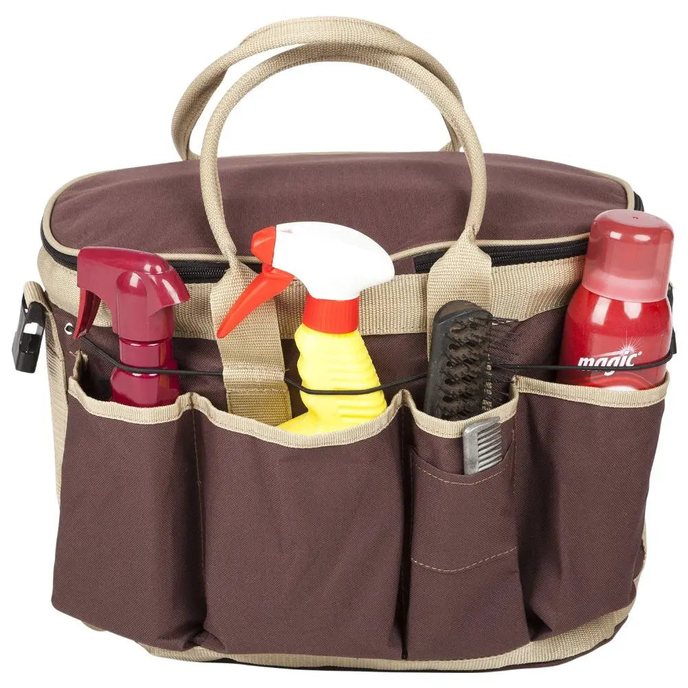 Brown and beige tote bag with cleaning supplies on a white background