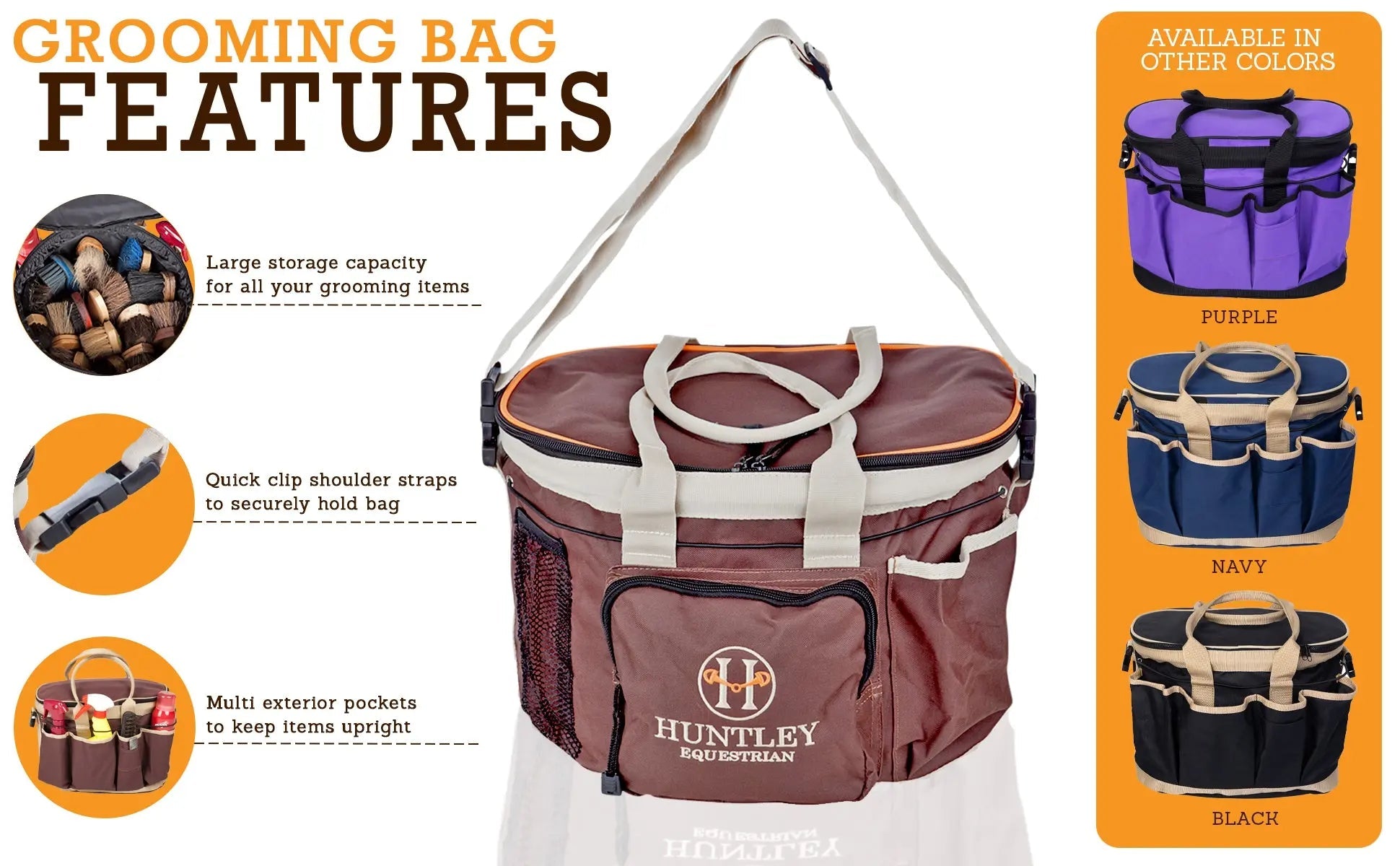 Grooming bag with features listed and color options displayed.