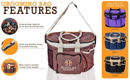 Grooming bag with features listed and color options displayed.