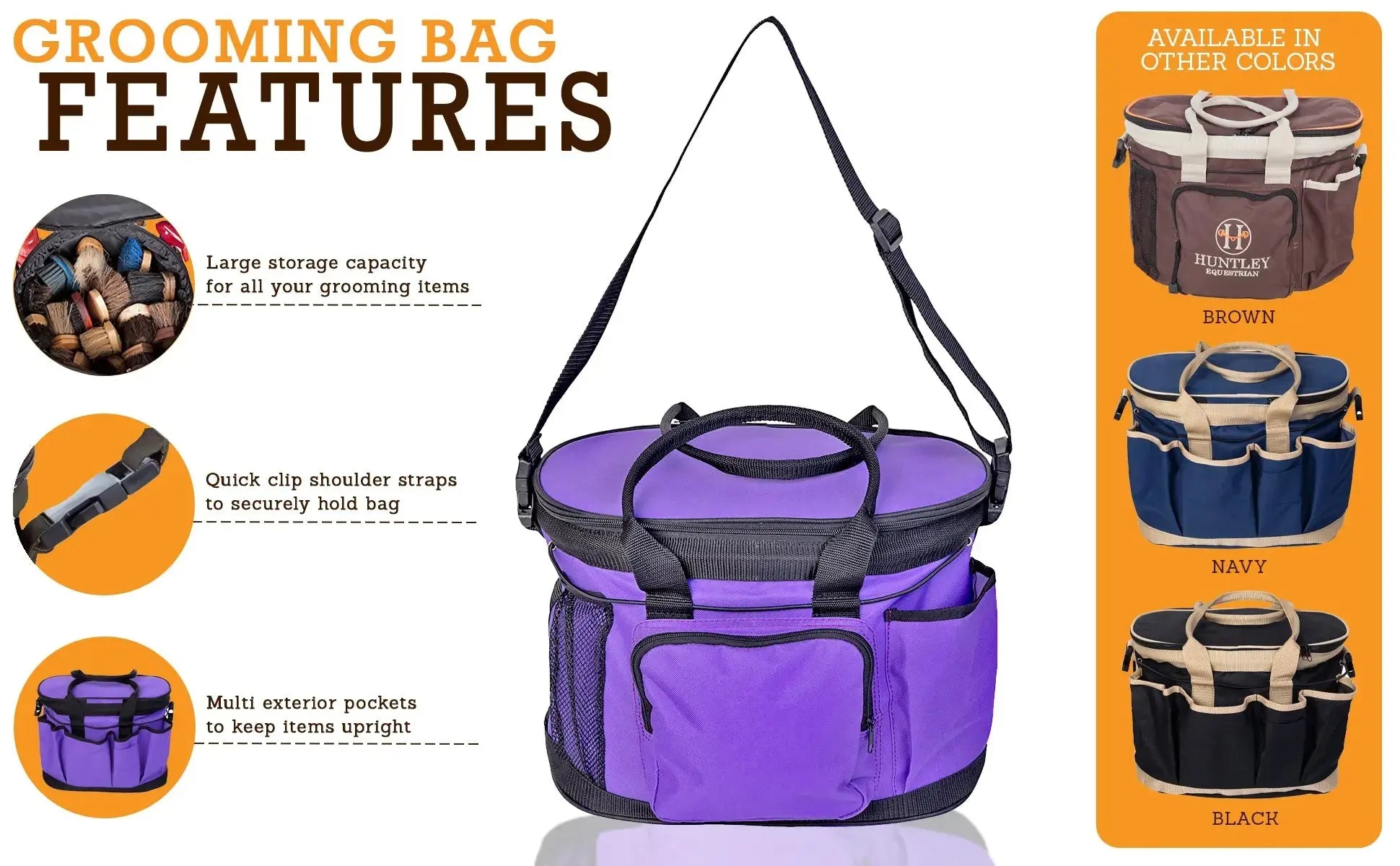 Purple grooming bag with features listed on an orange background